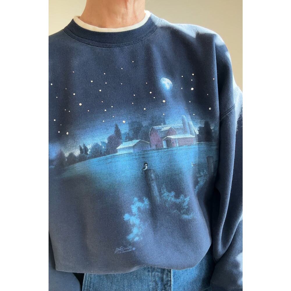 Vintage Night Sky Murder End World Rhinestone Farm Scene Sweatshirt | L/XL